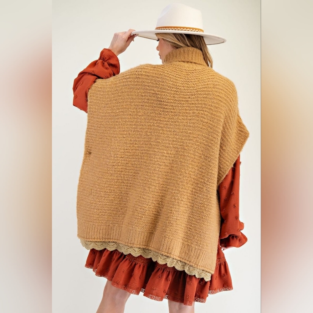 10-1128 *boutique* Boho Lace Bottom Layered Largenlook Warm Poncho Sweater - Picture 2 of 5